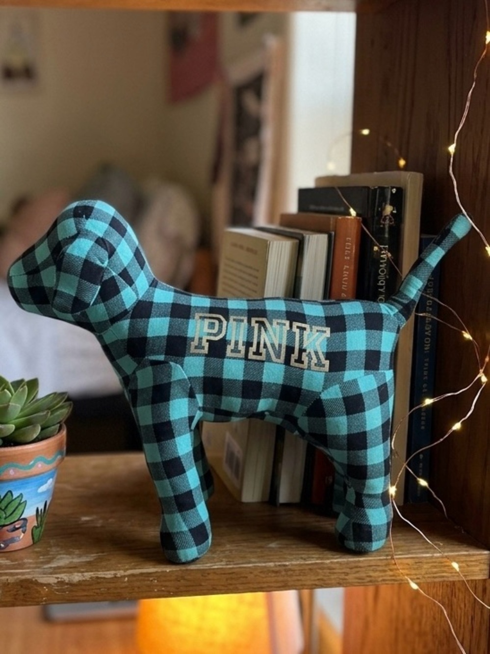 VS PINK Buffalo Plaid Dog Plush Teal Black Stuffed Animal Script Logo